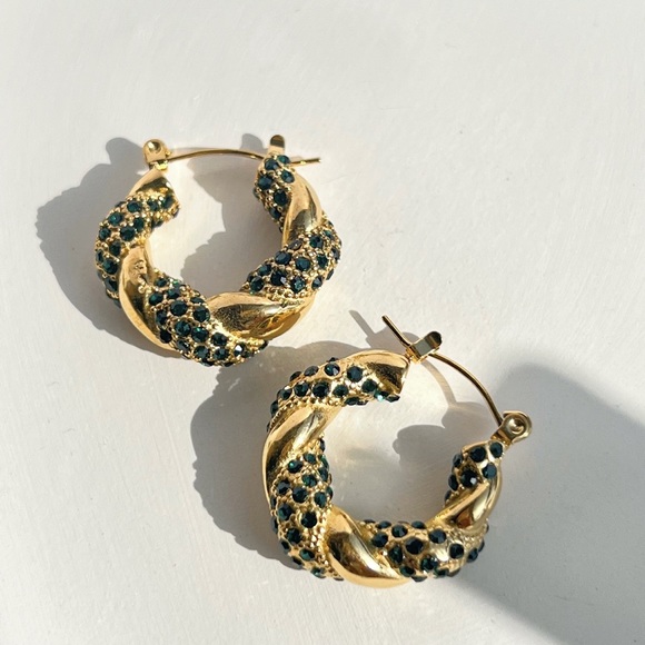 Gold Green Zircon Hoop Earrings*Waterproof Jewelry*Sweatproof - Picture 3 of 4
